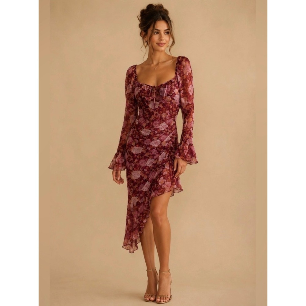 NEW WAYF Medium Dress Floral Long Sleeve Ruched Asymmetrical Red Roses Romantic